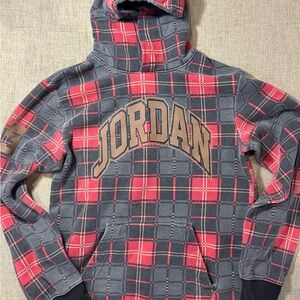 Jordan Men's Red and Gray Plaid Hoodie